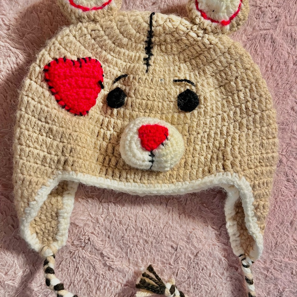 Cute Bear Crochet Hat with Red Heart
